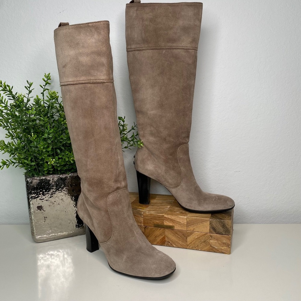 TOD'S‎ Suede Tall Boots Block Heel Beige Women's Quiet Luxury Size 38 EU/8 US